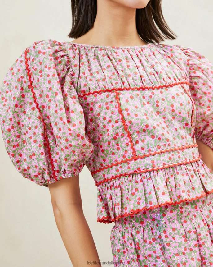Loeffler Randall anna jahodový peplum top s nafúknutým rukávom jahodová potlač ženy oblečenie PT864D205