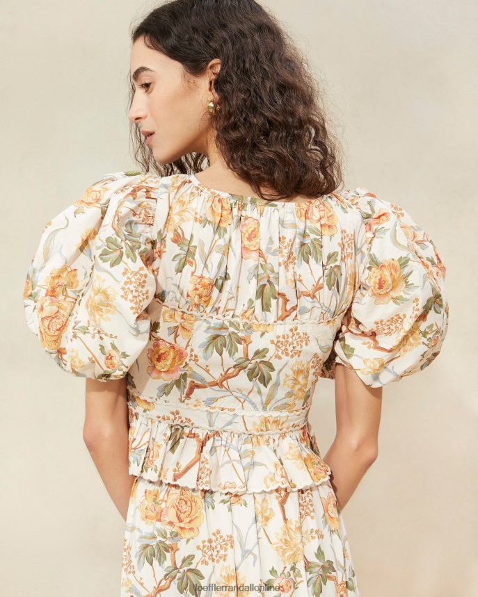Loeffler Randall anna peplum top s nafúknutým rukávom krémová botanická kvetinová ženy oblečenie PT864D206
