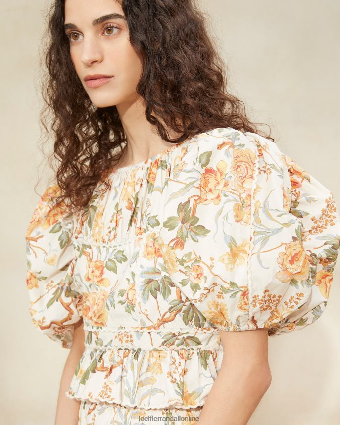 Loeffler Randall anna peplum top s nafúknutým rukávom krémová botanická kvetinová ženy oblečenie PT864D206